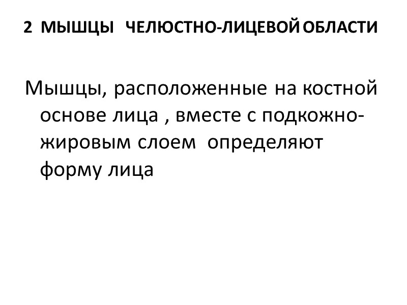 2  МЫШЦЫ   ЧЕЛЮСТНО-ЛИЦЕВОЙ ОБЛАСТИ  Мышцы, расположенные на костной основе лица